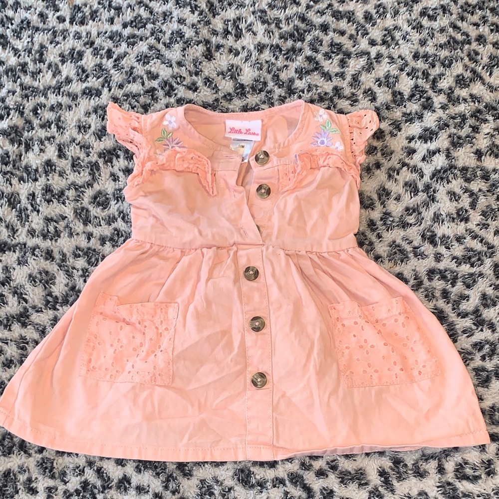 Little Lass Peach Button-Front Floral Accent Girls Dress